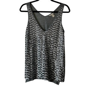 BANANA REPUBLIC Silver Grey Sequin Tank Top Shirt Size Medium V Neck